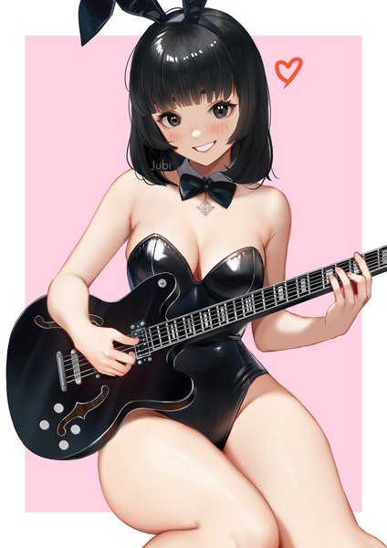 Anime picture 1448x2048 with real life zsa resty margana jubi (regiana) single tall image looking at viewer fringe short hair breasts light erotic black hair simple background smile sitting animal ears blunt bangs parted lips bunny ears fake animal ears pink background