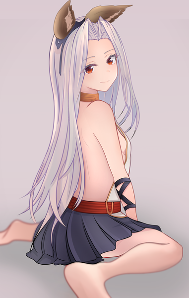 Anime picture 1500x2361 with granblue fantasy skasaha (granblue fantasy) mahdi single long hair tall image looking at viewer blush breasts light erotic simple background smile red eyes sitting bare shoulders animal ears pleated skirt barefoot grey hair bare legs