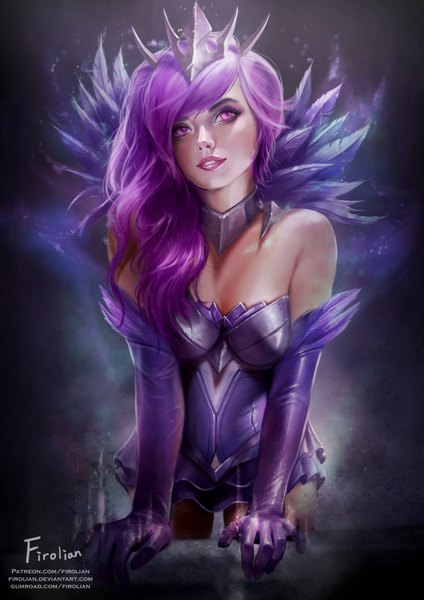 Anime picture 1131x1600 with league of legends lux (league of legends) elementalist lux firolian single long hair tall image fringe breasts light erotic signed looking away purple hair parted lips pink eyes light smile realistic arm support leaning alternate costume