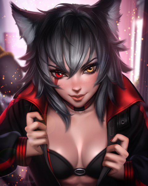 Anime picture 4000x5000 with original ayyasap single tall image looking at viewer blush fringe highres short hair breasts light erotic smile hair between eyes red eyes large breasts signed animal ears yellow eyes absurdres upper body