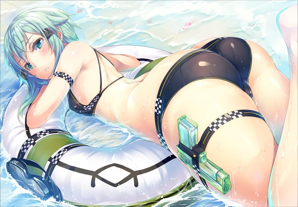Anime picture 1280x888 with sword art online a-1 pictures asada shino hinasaki you single looking at viewer blush fringe short hair blue eyes light erotic ass lying aqua hair wet turning head on stomach girl weapon swimsuit