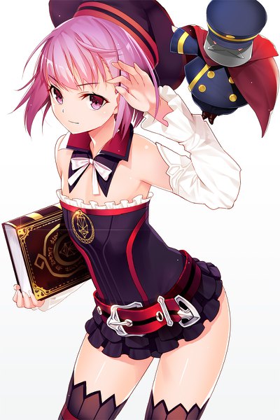 Anime picture 800x1200 with fate (series) fate/grand order helena blavatsky (fate) machimura komori single tall image looking at viewer fringe short hair light erotic simple background standing white background bare shoulders holding pink hair pink eyes zettai ryouiki adjusting hair flat chest