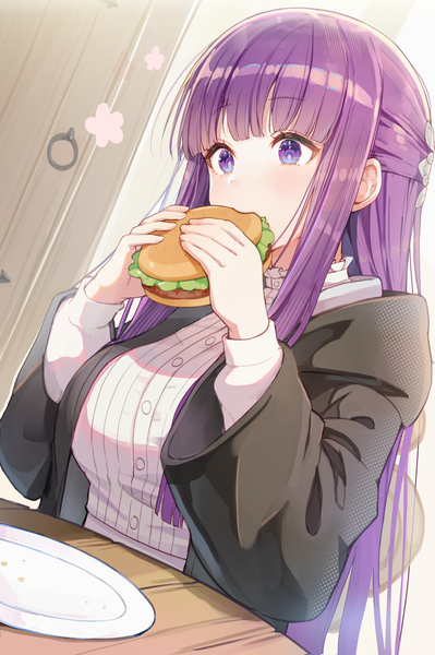 Anime picture 2894x4349 with sousou no frieren fern (sousou no frieren) misyune single long hair tall image fringe highres purple eyes purple hair upper body blunt bangs looking down half updo eating girl food plate hamburger
