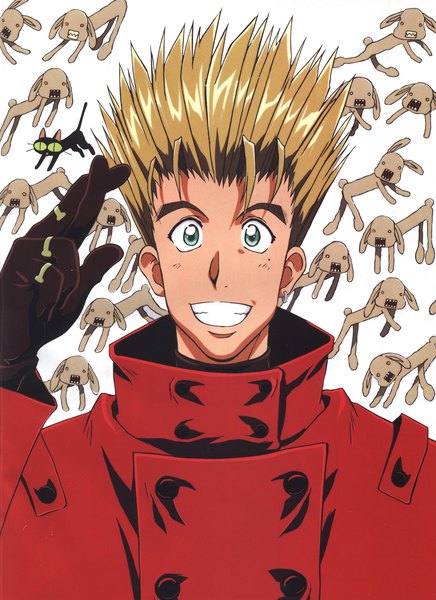 Anime picture 2526x3480 with trigun vash the stampede single tall image looking at viewer highres short hair blonde hair smile green eyes upper body scan official art grin piercing ear piercing spiked hair crossed fingers boy gloves