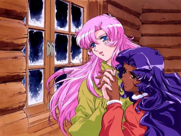 Anime picture 1024x768 with revolutionary girl utena j.c. staff tenjou utena himemiya anthy wallpaper winter log cabin