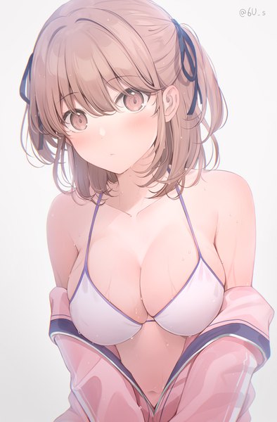 Anime picture 740x1126 with original 6u (eternal land) single tall image looking at viewer blush fringe short hair breasts light erotic simple background hair between eyes brown hair large breasts white background brown eyes signed cleavage upper body off shoulder