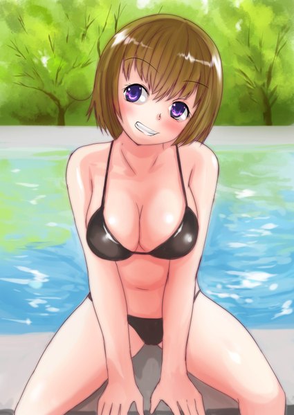 Anime picture 2481x3500 with original bun (artist) single long hair tall image blush fringe highres breasts light erotic smile hair between eyes brown hair large breasts sitting purple eyes bare shoulders looking away cleavage head tilt