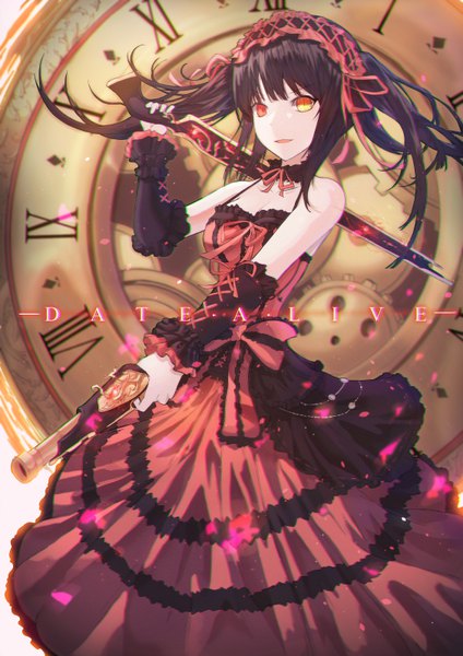 Anime picture 4508x6375 with date a live tokisaki kurumi neon (hhs9444) single long hair tall image highres open mouth black hair standing twintails bare shoulders holding absurdres copyright name heterochromia floating hair anaglyph lolita fashion dual wielding
