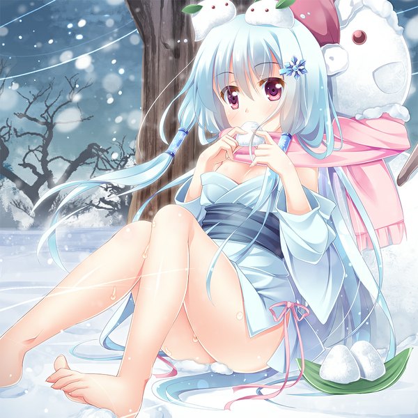 Anime picture 1000x1000 with original sekine irie long hair light erotic red eyes ass white hair traditional clothes japanese clothes barefoot wind bare legs legs snowing winter snow eating girl hair ornament plant (plants)