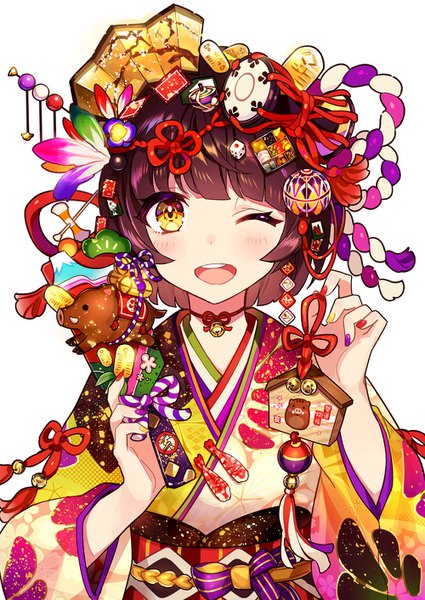 Anime picture 1000x1412 with original comeo single tall image looking at viewer blush fringe short hair open mouth simple background smile brown hair white background holding yellow eyes upper body blunt bangs nail polish traditional clothes japanese clothes