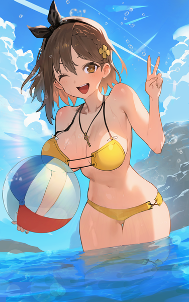Anime picture 1002x1600 with atelier (series) atelier ryza gust (company) reisalin stout hood (james x) single tall image fringe short hair breasts open mouth light erotic hair between eyes brown hair large breasts brown eyes sky cloud (clouds) partially submerged victory