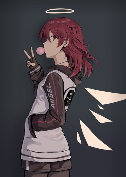 Anime picture 1000x1403 with arknights exusiai (arknights) kataokasan single tall image looking at viewer fringe short hair simple background hair between eyes standing brown eyes red hair profile looking back from behind one side up victory dark background hand in pocket