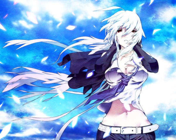 Anime picture 1280x1024 with vocaloid yowane haku single cleavage white hair girl navel necktie