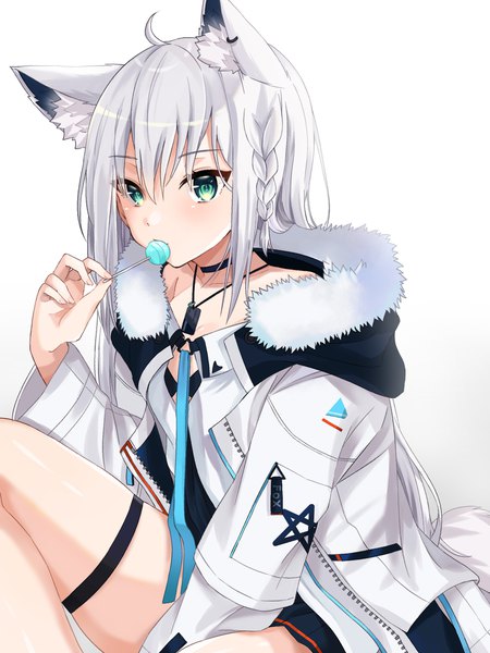 Anime picture 2000x2667 with virtual youtuber hololive shirakami fubuki shirakami fubuki (fubukitek) moonbell single long hair tall image fringe highres simple background hair between eyes white background green eyes animal ears silver hair ahoge fur trim fox ears official alternate costume