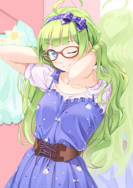 Anime picture 827x1169 with idolmaster idolmaster million live! shimabara elena miri (ago550421) single long hair tall image looking at viewer blush blue eyes one eye closed green hair wink girl dress bow hair bow glasses hairband