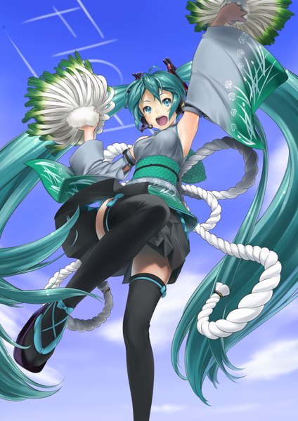 Anime picture 2481x3508 with vocaloid hatsune miku akira-aoyagi (artist) single long hair tall image highres open mouth blue eyes twintails aqua hair cheerleader girl thighhighs skirt black thighhighs detached sleeves miniskirt rope