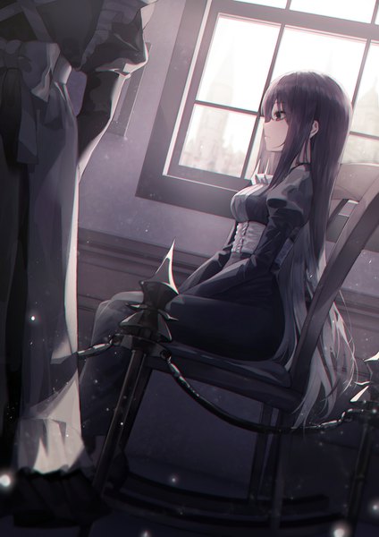 Anime picture 3535x5000 with original hinaki (hinaki 0102) long hair tall image fringe highres breasts black hair hair between eyes standing sitting multiple girls looking away absurdres indoors profile black eyes maid solo focus head out of frame