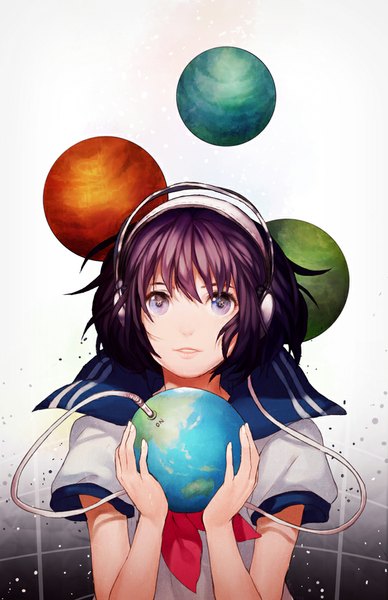 Anime picture 650x1005 with original naguri single tall image looking at viewer short hair purple eyes purple hair girl serafuku headphones wire (wires) planet earth