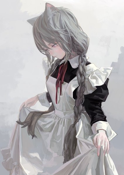 Anime picture 1000x1415 with original feiqizi (fkey) fkey single long hair tall image blush fringe simple background hair between eyes standing animal ears braid (braids) long sleeves pink eyes grey hair grey background maid twin braids gradient background