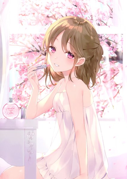 Anime picture 2099x2952 with original achiki single long hair tall image looking at viewer blush fringe highres brown hair sitting bare shoulders holding indoors parted lips head tilt pink eyes scan sleeveless cherry blossoms