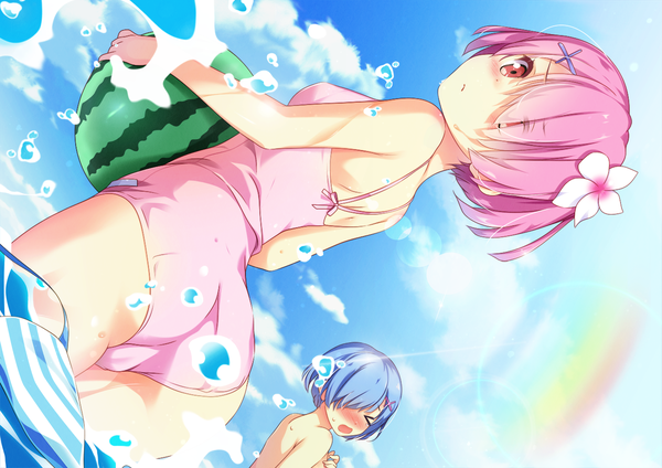 Anime picture 1311x928 with re:zero kara hajimeru isekai seikatsu white fox rem (re:zero) ram (re:zero) uzuki hiro looking at viewer blush fringe short hair open mouth light erotic hair between eyes red eyes standing multiple girls holding blue hair pink hair sky cloud (clouds)