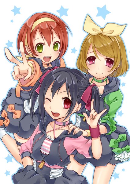 Anime picture 2507x3541 with love live! school idol project sunrise (studio) love live! yazawa nico hoshizora rin koizumi hanayo toudou yayoi tall image highres short hair open mouth black hair smile red eyes brown hair twintails multiple girls green eyes one eye closed pink eyes