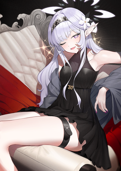 Anime picture 1300x1835 with blue archive himari (blue archive) zanya 000 single long hair tall image looking at viewer blush fringe breasts open mouth light erotic smile purple eyes silver hair blunt bangs one eye closed pointy ears wink off shoulder