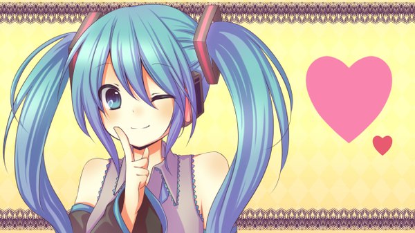 Anime picture 1280x720 with vocaloid hatsune miku single long hair blue eyes wide image twintails bare shoulders blue hair one eye closed wink girl heart