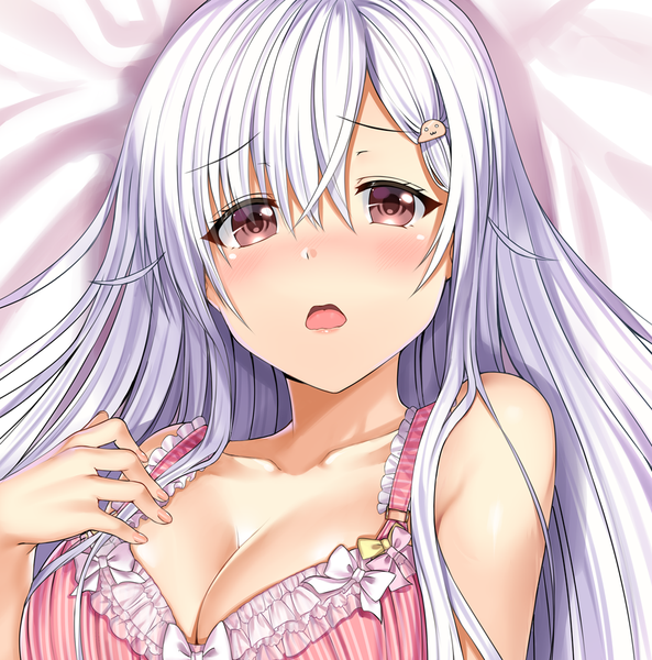 Anime picture 988x1000 with original neeko arudehido single long hair tall image looking at viewer blush fringe breasts open mouth light erotic hair between eyes large breasts brown eyes silver hair nail polish frilled bra girl lingerie