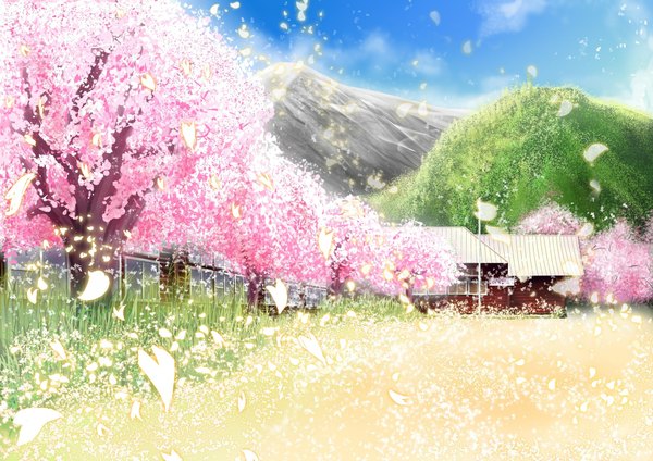 Anime picture 2172x1536 with original sylphidehachioji highres cloud (clouds) cherry blossoms mountain landscape girl plant (plants) petals tree (trees) house