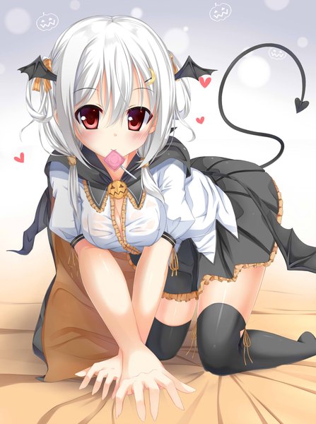Anime picture 1500x2011 with original fujieda uzuki single tall image looking at viewer blush short hair light erotic red eyes white hair tail no shoes zettai ryouiki halloween on all fours demon tail head wings center opening girl thighhighs
