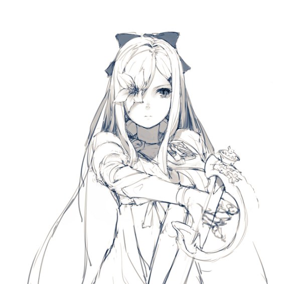Anime picture 1023x966 with drakengard zero (drag-on dragoon) junwool single long hair looking at viewer fringe simple background white background hair over one eye monochrome sketch flower over eye girl flower (flowers) bow weapon hair bow sword