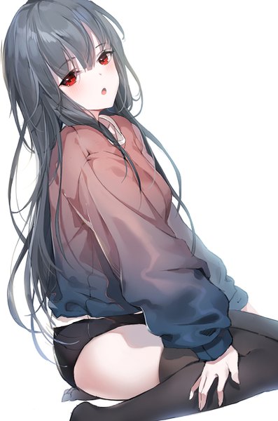 Anime picture 800x1208 with original emyo single long hair tall image looking at viewer blush fringe open mouth light erotic simple background hair between eyes red eyes white background sitting payot long sleeves head tilt grey hair :o