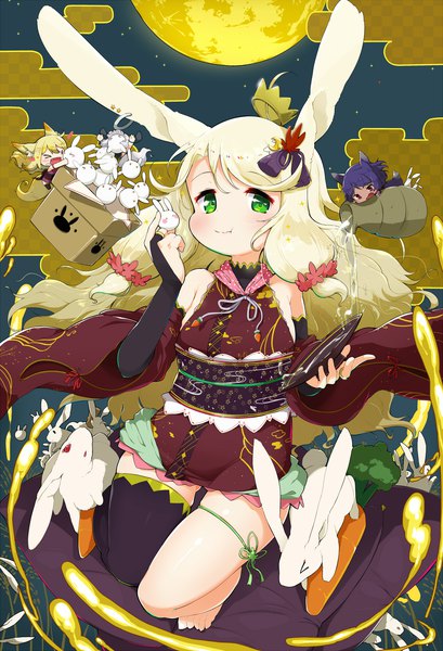 Anime picture 1237x1813 with original yagami ryouichi long hair tall image looking at viewer short hair blonde hair smile purple eyes multiple girls green eyes animal ears blue hair ahoge tail eyes closed traditional clothes japanese clothes animal tail barefoot