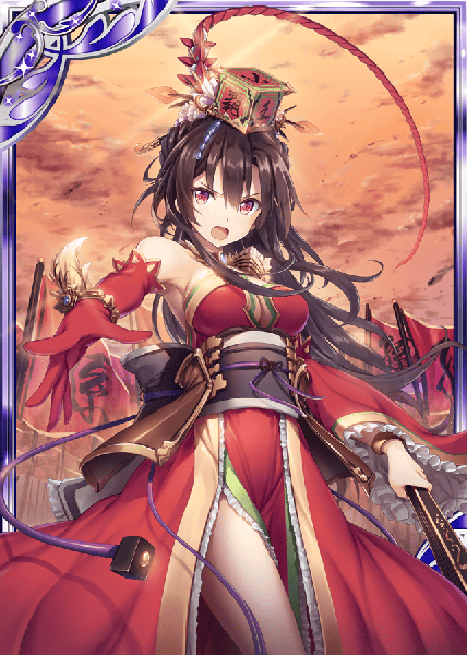 Anime-Bild 640x896 mit shinkai no valkyrie sun ce (shinkai no valkyrie) akkijin single long hair tall image looking at viewer fringe breasts open mouth light erotic red eyes brown hair standing bare shoulders holding payot sky cleavage cloud (clouds)