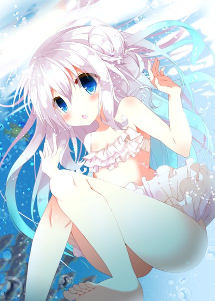 Anime picture 1240x1730 with original fuuna thise single long hair tall image blush fringe breasts open mouth blue eyes light erotic hair between eyes bare shoulders payot looking away silver hair ahoge bent knee (knees) multicolored hair arm up