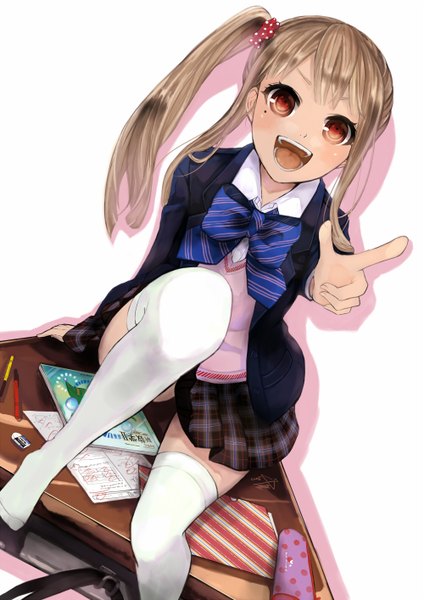 Anime picture 1000x1414 with tombow mono original pisuke single long hair tall image blush open mouth blonde hair red eyes sitting side ponytail girl thighhighs uniform bow school uniform white thighhighs table pen