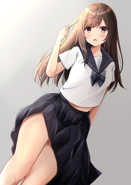 Anime picture 1000x1414 with original minami saki single long hair tall image looking at viewer blush fringe breasts open mouth light erotic simple background hair between eyes brown hair standing holding brown eyes payot ahoge pleated skirt