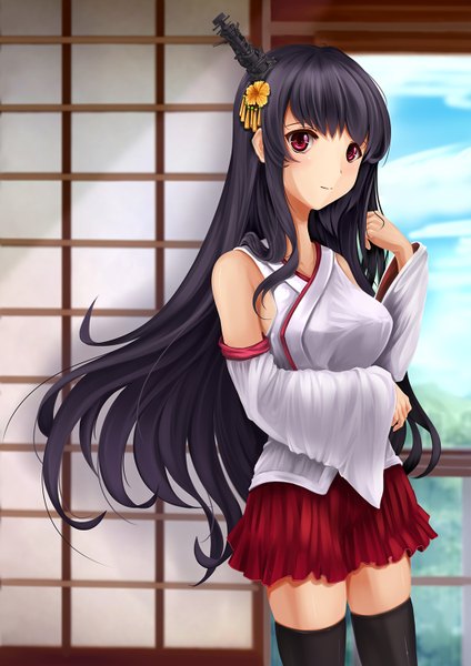 Anime picture 1061x1500 with kantai collection fusou battleship rhineheim single long hair tall image looking at viewer black hair red eyes traditional clothes japanese clothes zettai ryouiki nontraditional miko girl thighhighs hair ornament black thighhighs detached sleeves