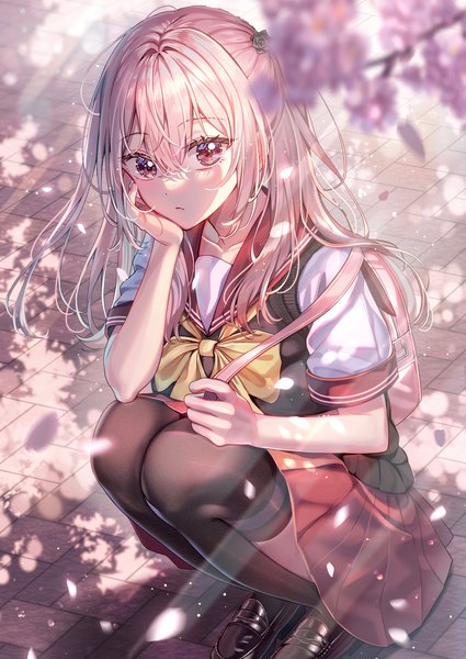 Anime picture 2508x3541 with sono bisque doll wa koi wo suru cloverworks inui sajuna sakura (39ra) single long hair tall image looking at viewer fringe highres hair between eyes pink hair outdoors pleated skirt pink eyes two side up cherry blossoms squat spring girl