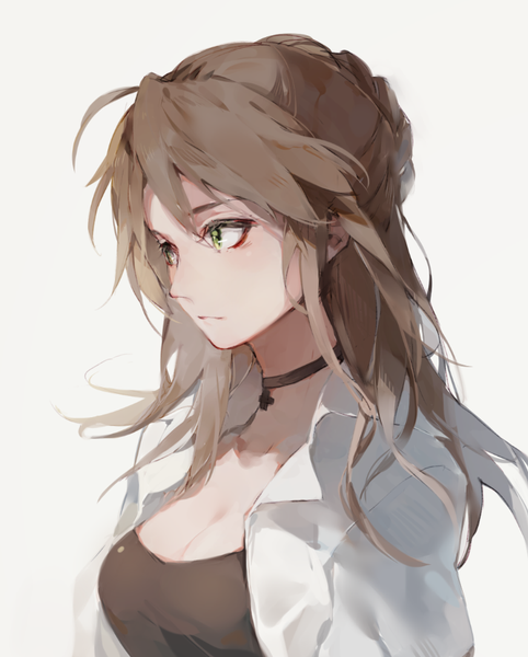 Anime picture 780x970 with girls frontline lee-enfield (girls frontline) mikuru rumisora single long hair tall image blush fringe breasts simple background hair between eyes brown hair green eyes looking away cleavage ahoge upper body braid (braids) profile grey background