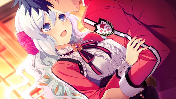 Anime picture 1280x720 with kimi to boku to no kishi no hibi: rakuen no chevalier long hair blush open mouth wide image purple eyes game cg white hair hair flower couple girl dress boy uniform hair ornament flower (flowers) school uniform frills