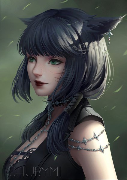 Anime picture 1000x1419 with final fantasy final fantasy xiv square enix miqo'te chubymi single long hair tall image fringe green eyes signed animal ears looking away blunt bangs grey hair cat ears realistic mole mole under eye lipstick