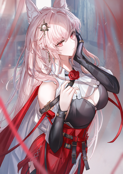 Anime picture 1086x1536 with arknights pozyomka (arknights) kachi single long hair tall image looking at viewer fringe breasts light erotic hair between eyes red eyes large breasts bare shoulders animal ears pink hair blurry mole cleavage cutout mole on breast