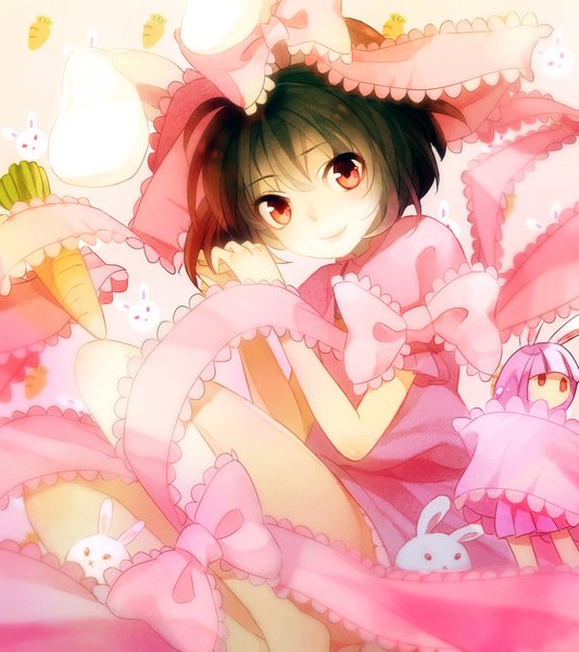 Anime picture 1973x2221 with touhou reisen udongein inaba inaba tewi q-chiang single tall image looking at viewer highres short hair black hair smile red eyes sitting animal ears purple hair bunny ears girl dress bow ribbon (ribbons)