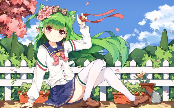 Anime picture 1611x1000 with os-tan moegirlpedia-tan dango remi single long hair looking at viewer fringe smile red eyes wide image sitting holding animal ears sky cloud (clouds) full body bent knee (knees) pleated skirt arm up hair flower