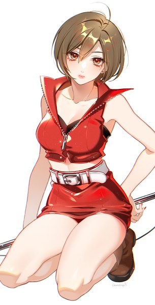 Anime picture 1160x2282 with vocaloid meiko caracoro single tall image looking at viewer fringe short hair light erotic simple background hair between eyes brown hair white background brown eyes lips bare legs midriff sleeveless kneeling girl