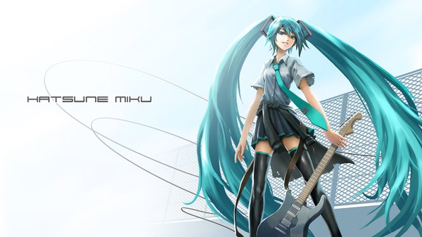 Anime picture 1280x720 with vocaloid hatsune miku long hair wide image twintails aqua eyes aqua hair girl thighhighs skirt miniskirt necktie musical instrument guitar roof