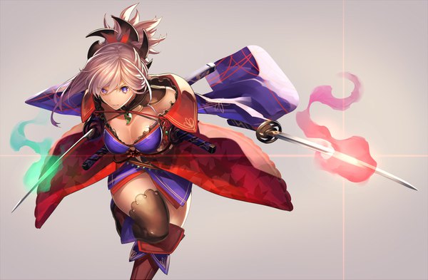 Anime picture 1600x1049 with fate (series) fate/grand order miyamoto musashi (fate) tef single long hair looking at viewer breasts light erotic simple background large breasts purple eyes holding pink hair cleavage traditional clothes parted lips japanese clothes grey background fighting stance