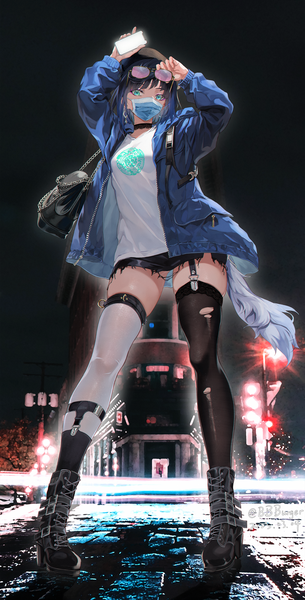Anime picture 1440x2835 with genshin impact yelan (genshin impact) bbburger single tall image looking at viewer short hair black hair standing full body outdoors aqua eyes arms up open jacket from below alternate costume zettai ryouiki sunglasses on head different thighhighs adjusting sunglasses
